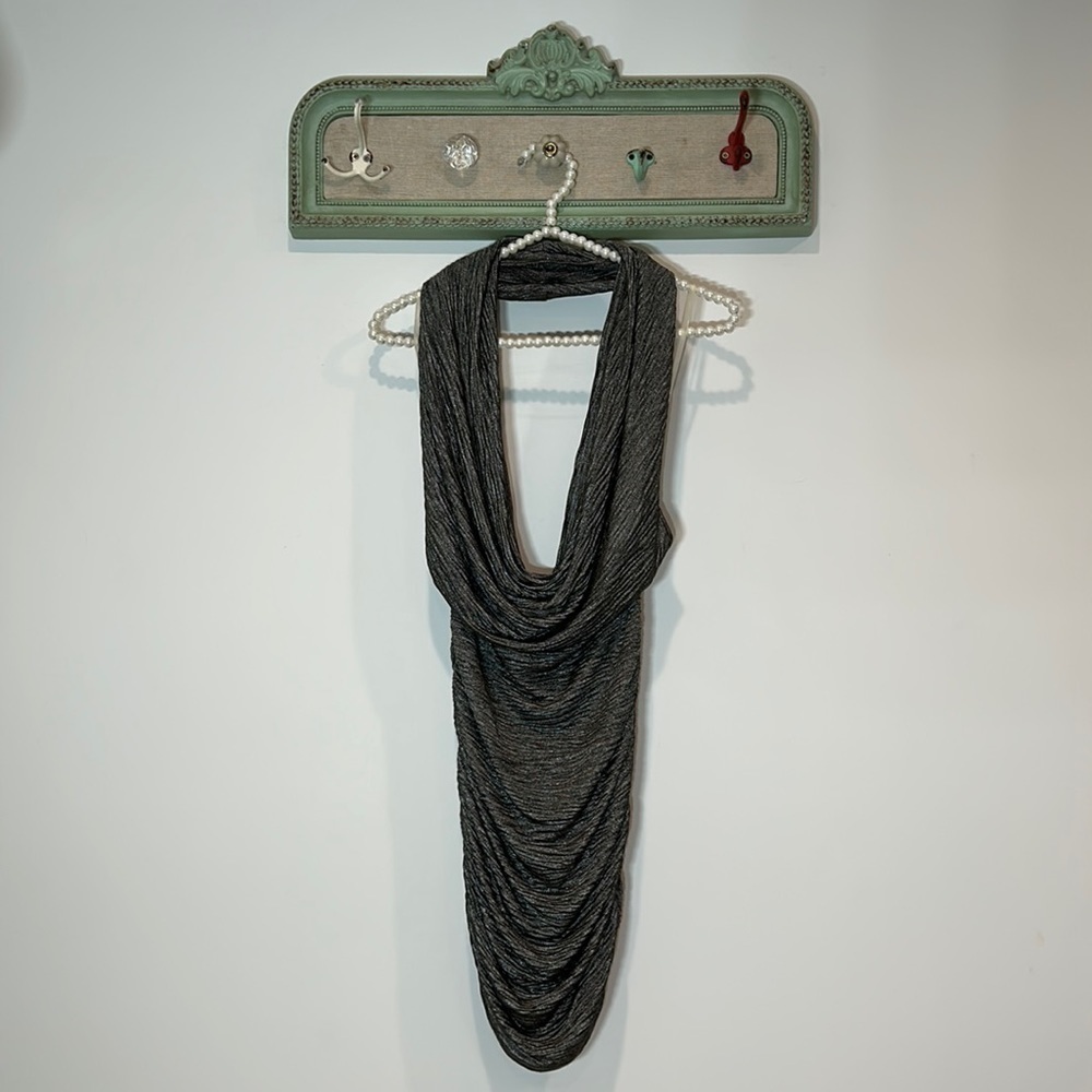 Plunging v neck rouched mini dress small metallic grey sexy lil halter dress